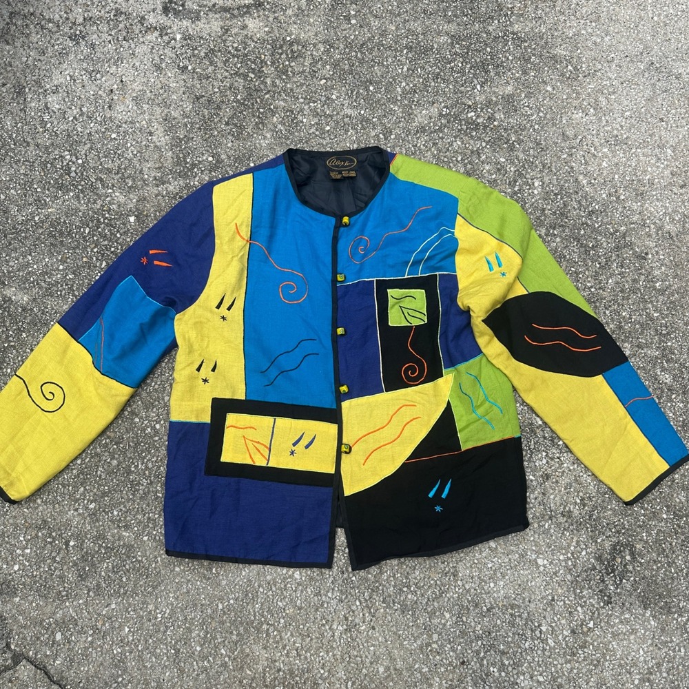 Vtg 90s Alex Kim Vintage Colorblock Embroidered Art Jacket Missy Large Cotton